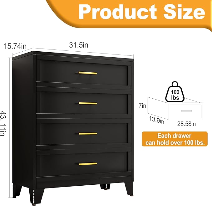 Black Dresser, Metal Tall Dresser for Bedroom, 43.11" H Dressers & Chests of Drawers, 4 Drawer Dressers for Living Room, Entryway, Hallyway (Black, 4 Drawers)
