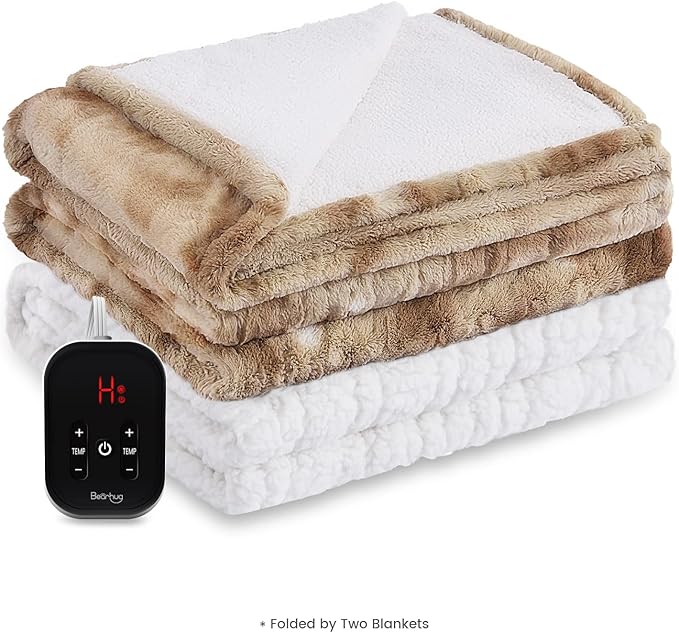 Bearhug Electric Blanket Twin Size 62" x 84", Faux Fur & Sherpa Heated Blanket, 10 Heating Levels & 1-12H Auto Off, Champagne, Over-Heat Protect, ETL Certification, Machine Washable