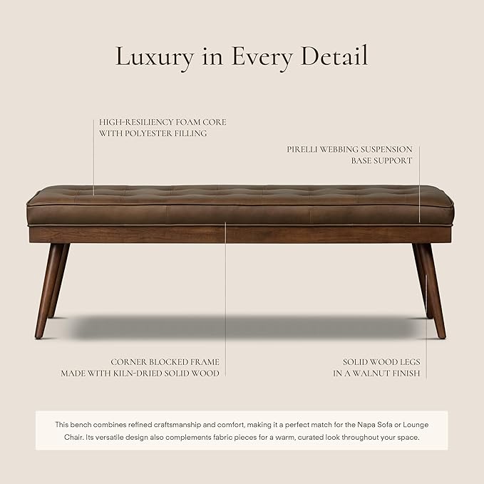 Poly & BARK 55" Tufted Leather Bed Bench for Bedroom End of Bed - Living Room Entry Way Bench - Pure Italian Leather Upholstery with a Solid Wood Frame - Ottoman Bench with Wooden Legs - Cocoa Brown