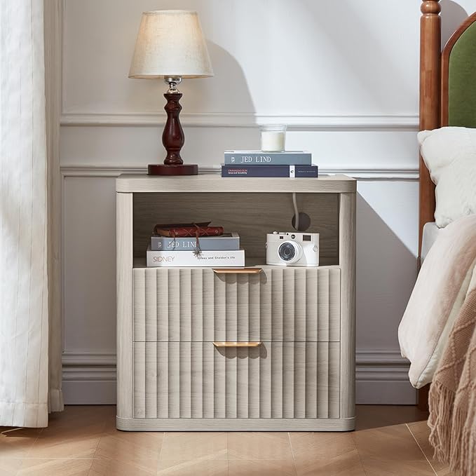 LEYAOYAO Fluted Nightstand with Charging Station, 23" Wide 2 Drawers Night Stand,LightGrey End Table with Open Storage,Farmhouse Bed Side Tables, Wood Dresser for Bedroom, Living Room, Closet