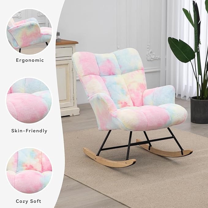 Rocking Chair Nursery Teddy Upholstered Glider Rocker Rocking Accent Chair Padded Seat with High Backrest Armchair Comfy Side Chair for Living Room Bedroom Offices (Colorful Teddy)