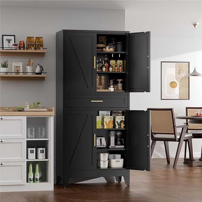 71" Tall Farmhouse Pantry Cabinet,Metal Cabinets with Doors and Shelves,Storage Cabinet for Kitchen, Garage,Black