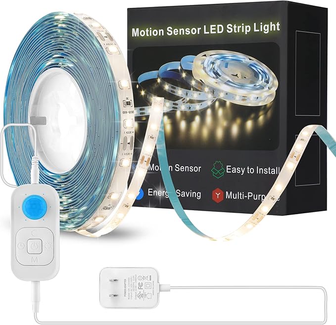 Motion Sensor LED Strip Light - Cabinet Strip Lights with 24W Plug, Dimmer, and Timing, 16.4ft for Under Cabinet, Kitchen, 3000K WarmWhite