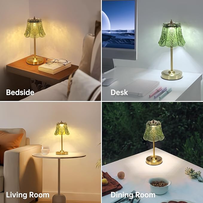Small Table Lamp with 5200mAh Battery & Touch Control - 3 Adjustable Color Temperatures, Dimmable Rechargeable Table Lamps for Living Room, Bedroom, Bedside (Green Rose)