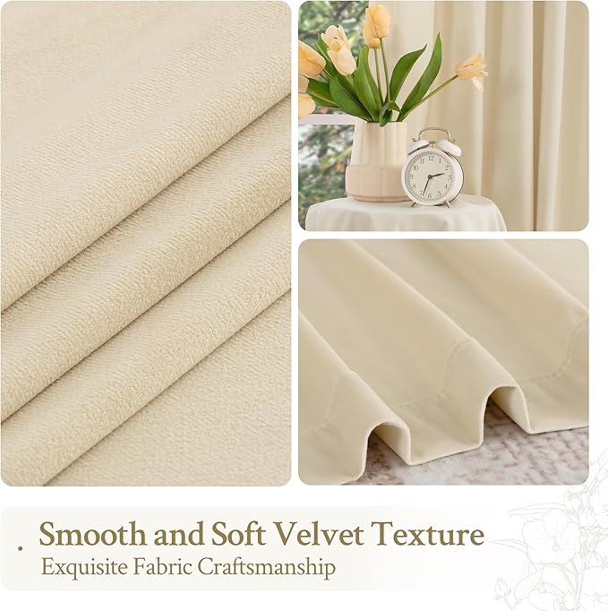 LAMIT Beige Velvet Curtains for Living Room 120 Inches Long, Elegant Thermal Insulated Panels Noise Reducing Back Tab and Rod Pocket Drapes for Bedroom, 2 Panels, 52 x 120 Inch