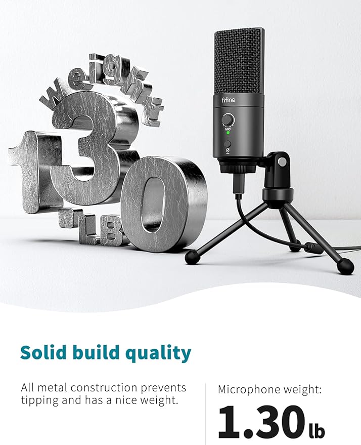 FIFINE USB Desktop PC Microphone with Pop Filter for Computer and Mac, Studio Condenser Mic with Gain Knob Mute Button Headphone Jack for Gaming Streaming Recording YouTube, Extra USB-C Plug-K683A