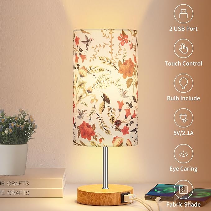 Bedside Touch Lamp, Wood Small Table lamp with 2 USB Charging Ports & Flower Fabric Shade, 3-Way Dimmable Nightstand Lamps for Living Room Bedroom Office Reading Desk Home Dorm(LED Bulb Included)