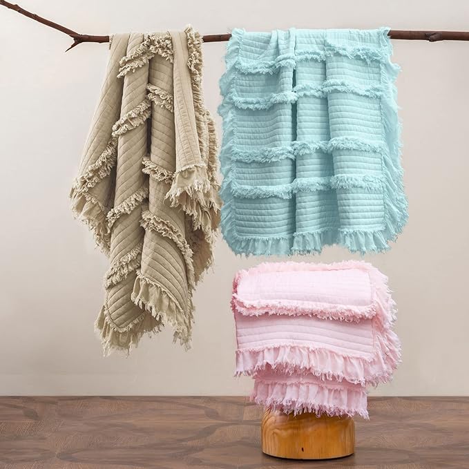 Ultra Soft Pre-Washed Quilted Boho Beige Twin Size Blankets for Bed, Ruffle Fringed Decorative Throw, Stone Washed Chic Rustic Blanket for Sofa Couch Bed, 60"*80"