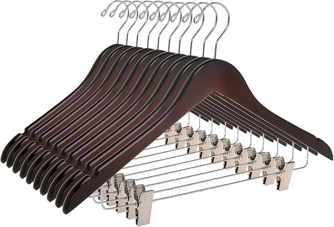 Quality Wooden Skirt Hangers with Clips 80-Pack Mahogany Pants Hangers with Adjustable Chrome Metal Clips, Swivel Hook, Coat, Jacket, Blouse Suit Hangers (Mahogany, 80)