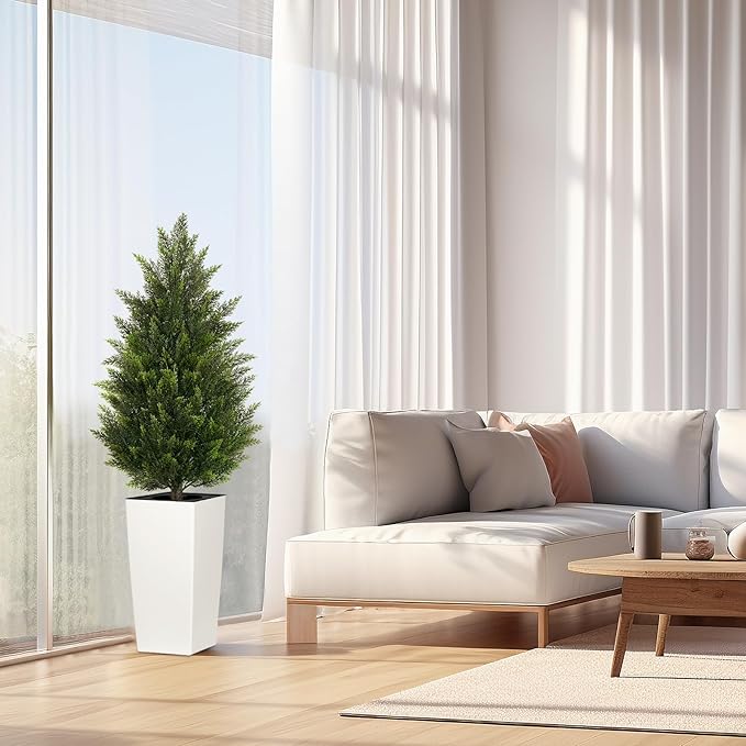 4FT Tall 2 Set Artificial Topiary Cedar Tree, Indoor Realistic Faux Cypress Plants with Square Flowerpot, Outdoor Evergreen Fake Shrubs for Home Living Room Front Porch Decor