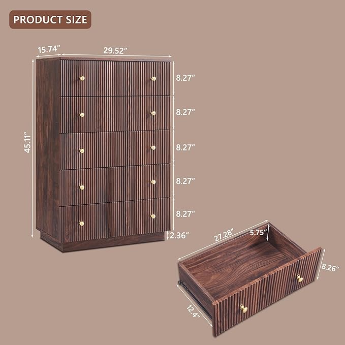 Fluted Dresser for Bedroom, 5 Drawer Dressers, Wood Tall Dresser Storage Organizer, Chest of Drawers with Deep Storage, Modern Bedroom Chest for Closet Hallway, Entryway, Living Room,Brown