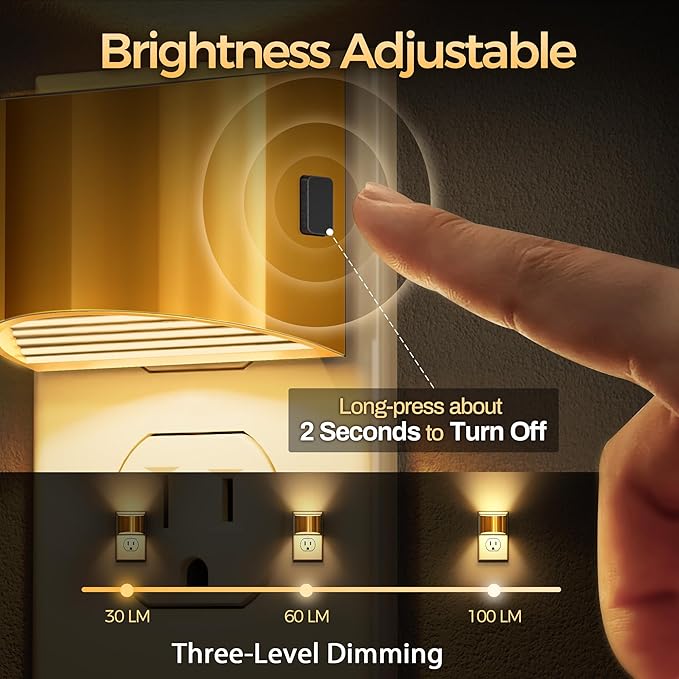 DORESshop LED Night Light[2 Pack], Golden Night Lights Plug into Wall, 3 Level Brightness Adjustable Plug in Night Light, Dusk to Dawn Sensor, Nightlights for Adults, Bedroom, Bathroom, Hallway, 3000K