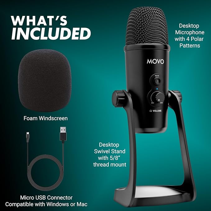 Movo UM700 Computer Condenser USB Gaming Mic with Adjustable Pickup Patterns - Microphone for PC, PS5, Podcasting, Streaming, ASMR