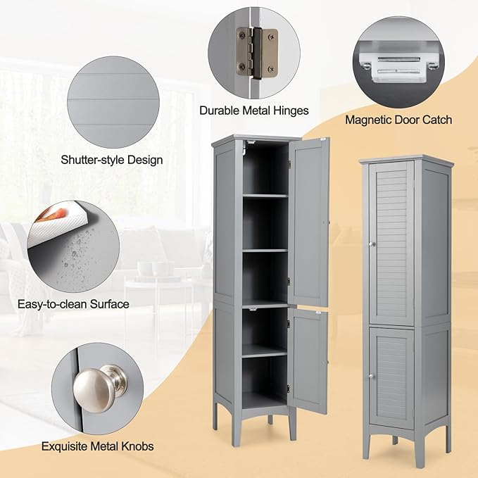 COSTWAY Tall Bathroom Storage Cabinet, 5-Tier Freestanding Linen Tower Cabinet with 2 Doors, Wooden Side Storage Organizer, Narrow Slim Floor Cabinet for Bathroom, Living Room, Kitchen (Grey)
