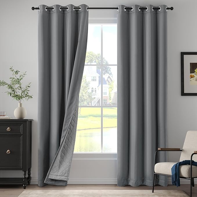 3-in-1 Layers Noise Cancelling Curtains for Bedroom Grommet Full Blackout Window Drapes Thermal Insulation Winter Curtains for Living Room (1 Panel, Grey, 50" x 84")
