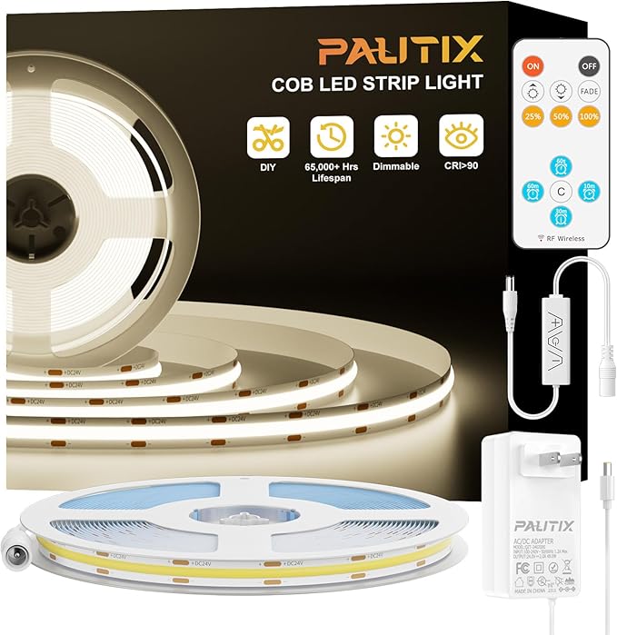 PAUTIX COB LED Strip Lights,UL Listed Dotless LED Lights with RF Remote,16.4ft Natural White 4000K Super Bright Dimmable Flexible Diffused LED Tape Light,Kitchen Cabinet,Office,Stairs,Shelf Lighting