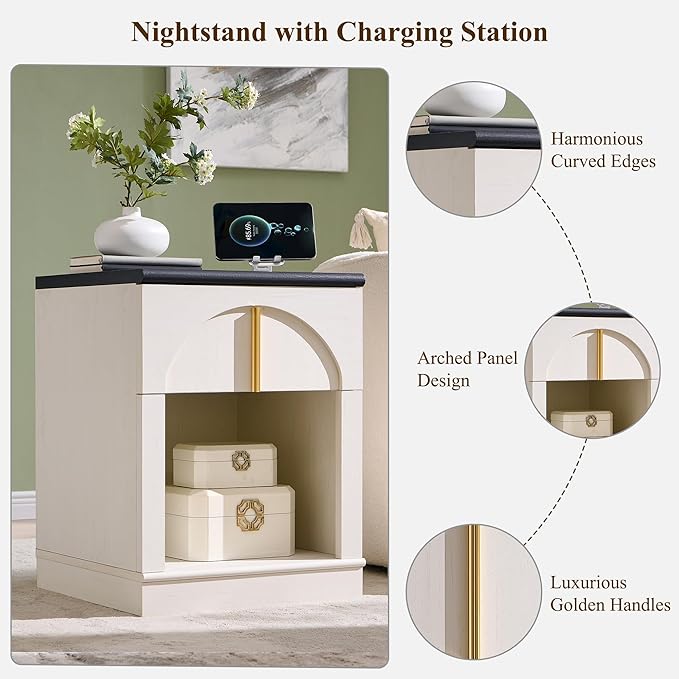 ACCOHOHO Modern Night Stand Set 2 with Arched Panel,18" Wooden nightstand with Charging Station,Bedside Table with Drawer Storage,Side End Table with Open Shelf for Bedroom,Living Room,White