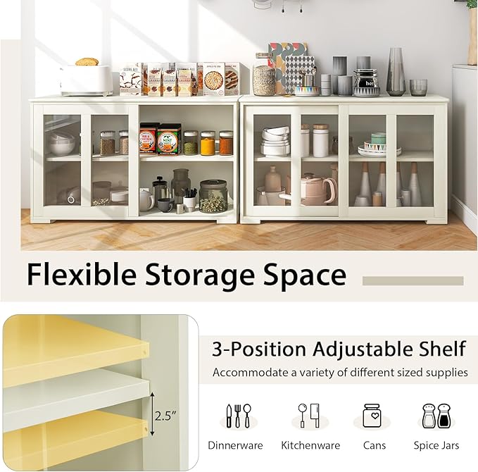 Costzon Sideboard Buffet Cabinet of 2, Wooden Kitchen Storage Cabinet with Adjustable Shelf, Sliding Glass Doors, Accent Coffee Bar Cabinet Console Table for Living Room, Dining Room, Hallway