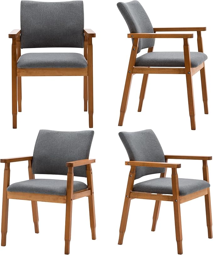 thksbought Set of 4 Mid Century Modern Walnut Dining Chairs Wood Arm Grey Fabric Kitchen Cafe Living Room Decor Furniture