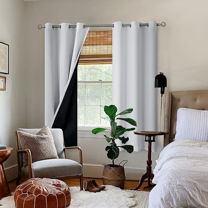 BGment Greyish White 100% Blackout Curtains for Bedroom 63 Inch Length 2 Panels Set, Thermal Insulated Full Light Blocking Grommet Noise Cancelling Window Curtains for Nursery, 38 Inch Wide Each
