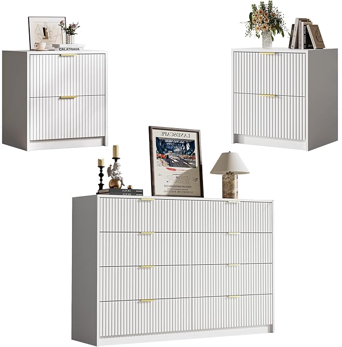 3-Piece Dresser Bedroom Set, 8 Drawer Dresser & 2 Drawer Nightstands with Gold Handles, Fluted Wood Chest of Drawers for Bedroom, Living Room, Entryway, White