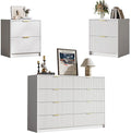 3-Piece Dresser Bedroom Set, 8 Drawer Dresser & 2 Drawer Nightstands with Gold Handles, Fluted Wood Chest of Drawers for Bedroom, Living Room, Entryway, White