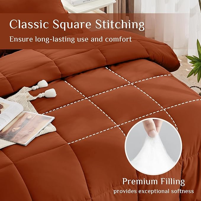 JOLLYVOGUE King Comforter Set, Ultra-Soft Bed in a Bag King Size 7 Pieces, Oeko-TEX Certified Bedding Set with Down Alternative Comforter, Sheets, Pillowcases & Shams, Burnt Orange