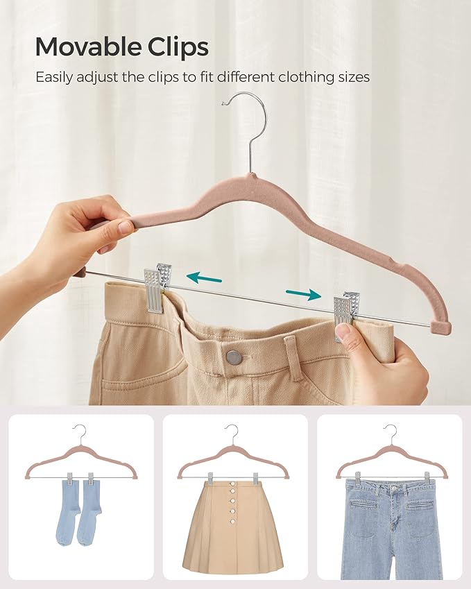 SONGMICS 30-Pack Pants Hangers, 16.7-Inch Long Velvet Hangers with Adjustable Clips, Heavy-Duty, Non-Slip Skirt Hangers, Space-Saving for Pants, Skirts, Coats, Dresses, Pale Brown UCRF012LB30