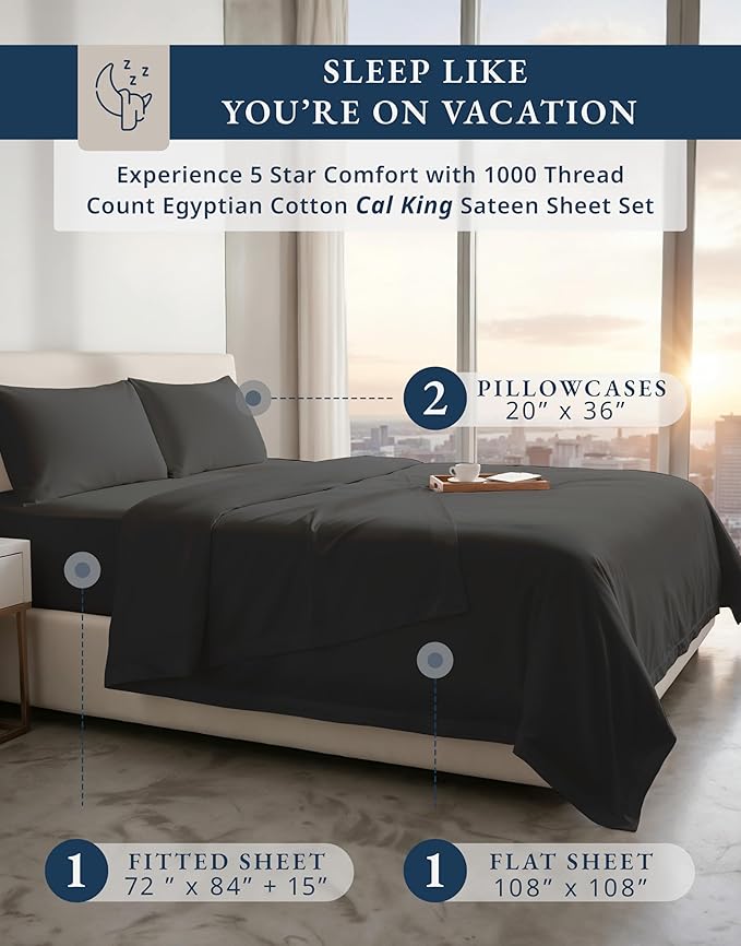 LANE LINEN 100% Egyptian Cotton Cal King Sheets- 1000TC Long Staple Mercerized Cotton No Pill Fade Resistant Silky Sateen Weave for Soft & Comfy Good Night Sleep, Deep Pocket Fits 15" Mattress-Black