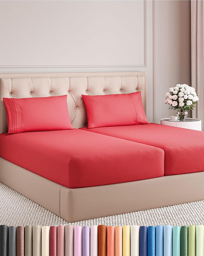 Split King Size 5 Piece Sheet Set - Comfy Breathable & Cooling Bed Sheets Set - Hotel Luxury Bedding for Women, Men, Kids, Teens, Boys & Girls - Deep Pockets, Ultra-Soft, Wrinkle Free - Oeko-Tex - Red