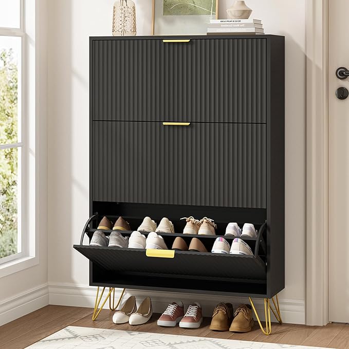 Shoe Cabinet with 3 Flip Drawers Narrow, Fluted Black Shoe Cabinet Storage for Entryway Slim, Hidden Shoe Storage Cabinet, Modern Freestanding Shoe Rack Organizer for Entryway, Black