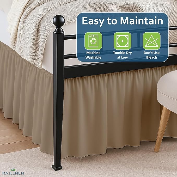 Rajlinen Ruffled Bed Skirt Full XL, 8 Inch Drop Dust Ruffle with Split Corners, 100% Microfiber Bedskirt with Platform, Three-Sided Coverage Ruffled Gathering Design, Taupe