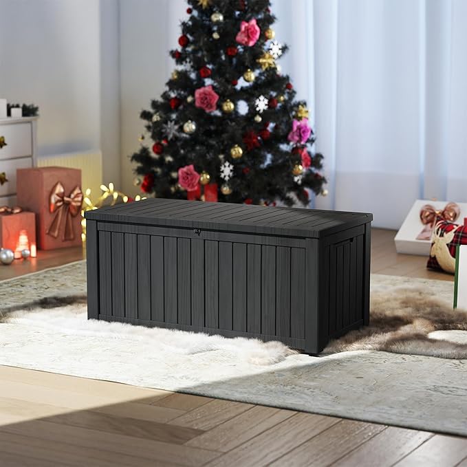 150 Gallon Resin Deck Box, Waterproof Outdoor Storage Box, Lockable for Patio Furniture, Garden Tools, Pool Accessories, UV-Resistant for All Weather Use, Black
