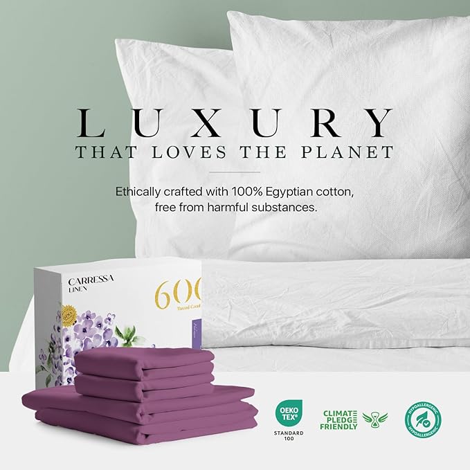 Carressa Linen 100% Egyptian Cotton King Size Sheets Set - 600 Thread Count Egyptian Cotton Queen Sheets King Size (4 PC, Plum Purple), Soft, Cooling, 16" Deep Pocket Sateen Weave Luxury Bed Sheet Set