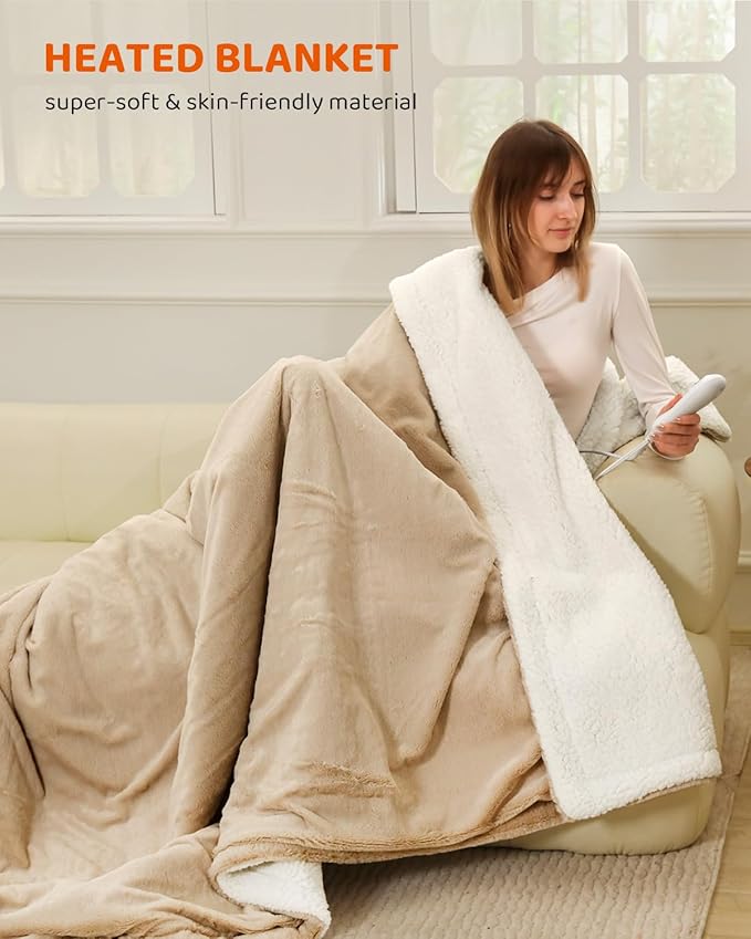 Heated Blanket Electric Blanket Queen Size, Faux Fur Heat Blanket, Super Soft Cozy Heating Blanket with 9 Heating Levels & 1-9 Hours Auto Off, Fast Heating & Overheat Protection, 84" x 90", Beige
