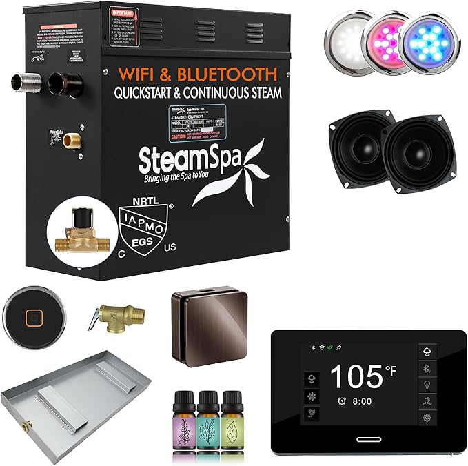 SteamSpa Steam System 9kW Steam Shower Generator with Bluetooth Wifi, Quickstart Continous Steam, Advanced Touch Pad Screen, Chroma Lights, Drain Pan and Auto Drain Oil Rubbed Bronze RVBS900ORB-A