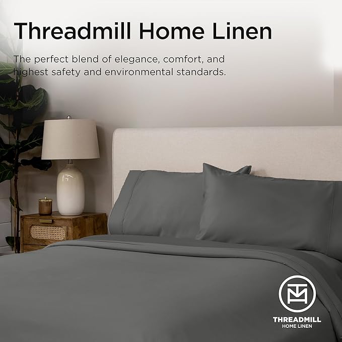 Threadmill 100% Supima Cotton Sheets, Luxury 1200 Thread Count Cotton Sheets for King Size Bed, 4 Pc Dark Grey King Bed Sheet Set, 5-Star Hotel Quality with Elasticized Deep Pocket King Sheet