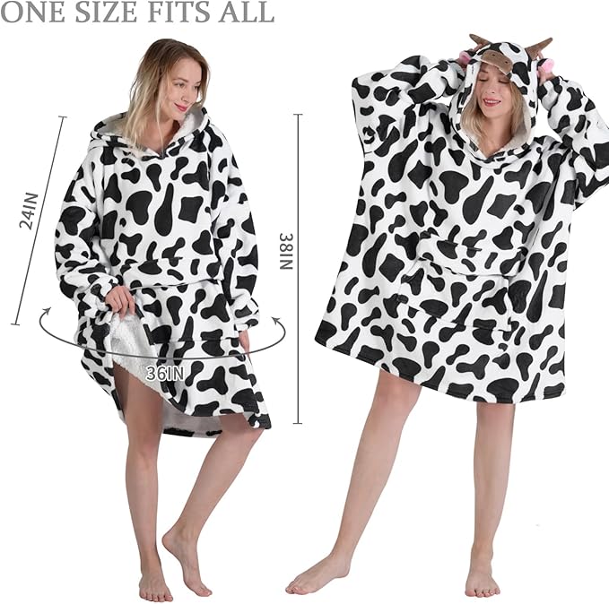 Wearable Blanket Hoodie for Adult,Oversized Sherpa Fleece Blanket Hoodie for Women Men,Cow Print