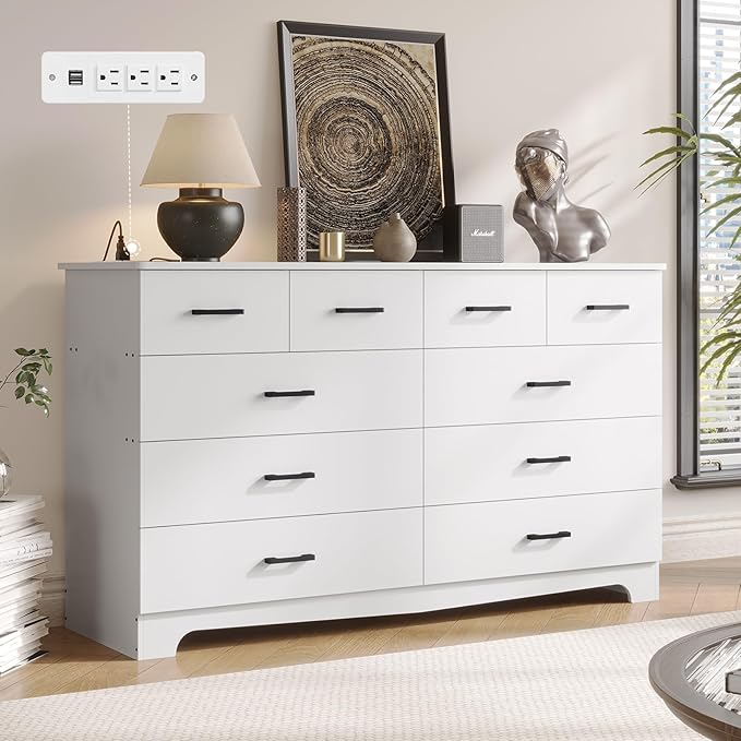 DICTAC White Dresser for Bedroom with 10 Drawers, Large Chest of Drawers Storage Organizer, Long Dresser TV Stand with Power Outlets, Wide Dressers for Bedroom, Living Room 55.1" W x 32.3" H x 15.8" D