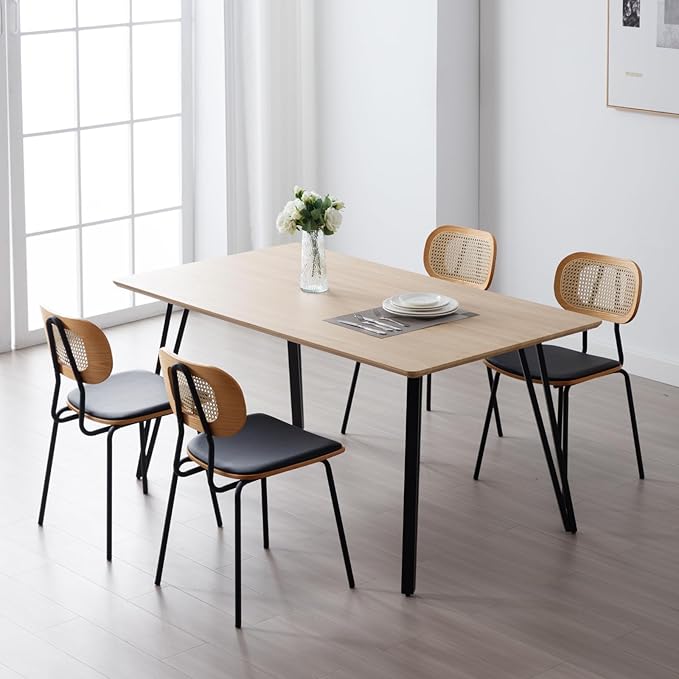 HEAH-YO Modern Dining Chairs Set of 6, Upholstered Faux Leather Dining Room Chairs with Rattan Backrest and Metal Legs, Armless Kitchen Chairs for Dining Room, Black