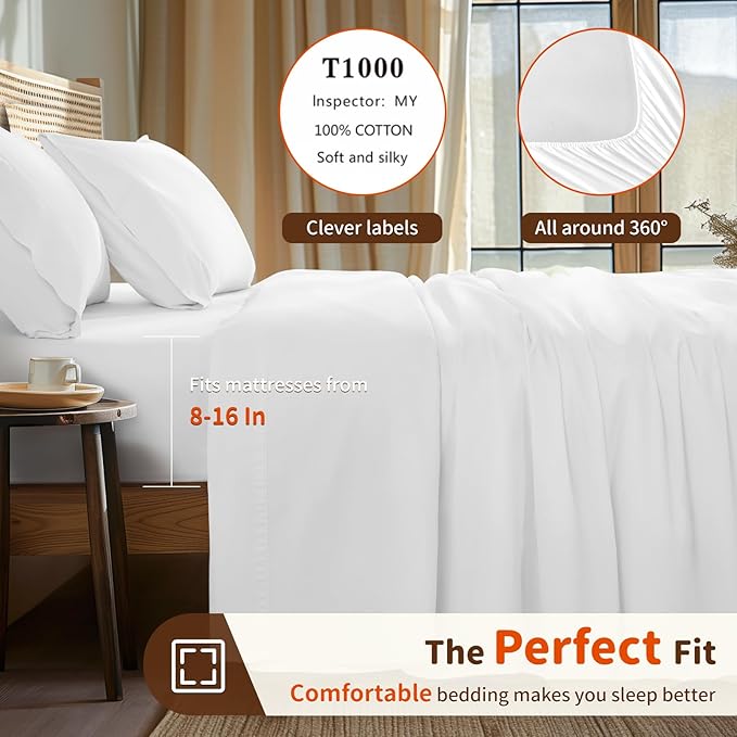 LBRO2M 1000 Thread Count 100% Egyptian Cotton Sheets Set Twin, 3 Piece Sets Bed Sheet Deep Pocket Sheet Set 16" Soft Comfortable All Season (Twin, White)