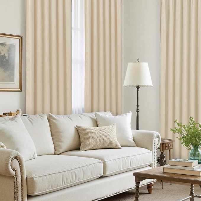 LAMIT Beige Velvet Curtains for Living Room 120 Inches Long, Elegant Thermal Insulated Panels Noise Reducing Back Tab and Rod Pocket Drapes for Bedroom, 2 Panels, 52 x 120 Inch