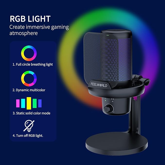 FEELWORLD VM1 Gaming PC USB Microphone Condenser Mic with Noise Cancellation Mute RGB Light, Computer Accessories Gifts for Gamer YouTube Twitch Podcast Streaming Recording Online Chat PS4 PS5