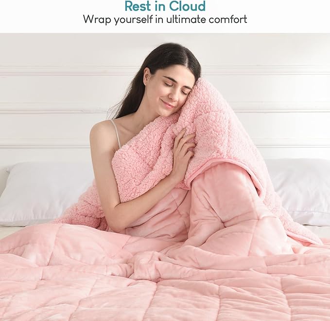 Sherpa Fleece Weighted Blanket 20lbs for Adults, Fluffy Cozy Plush Blanket 20 pounds, Queen Size Weighted Blankets 60”x80”, Warm and Cozy Hug Blanket for Queen/King Size Bed, Blush Pink