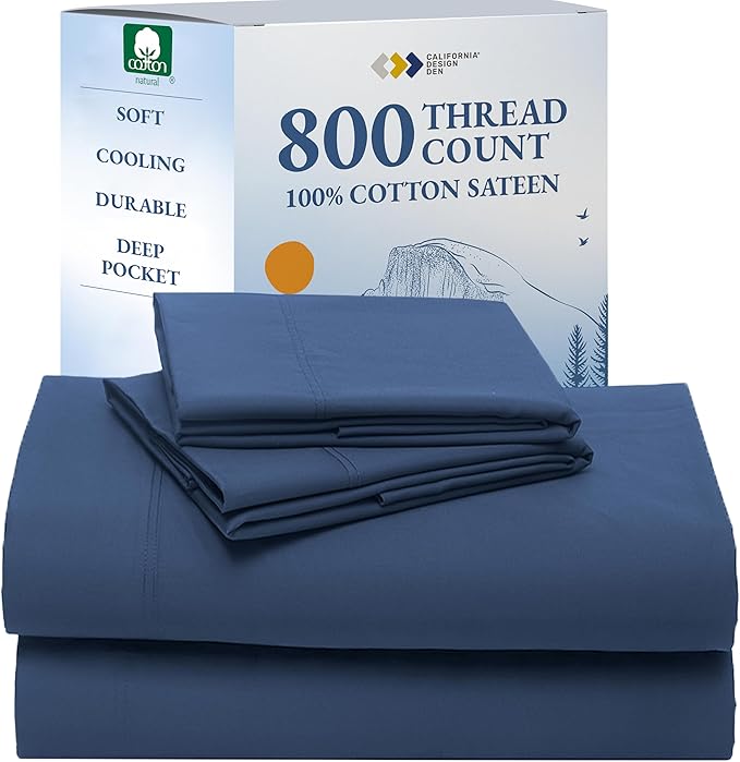 California Design Den King Size Sheets Set Cotton - Luxury Hotel 800 Thread Count Sateen, Natural 100% Cotton King Bed Sheets, Deep Pockets for a Snug Fit, Durable Bedding - Navy Blue