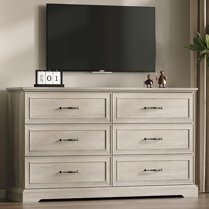Farmhouse 6 Drawers Dresser for Bedroom, 54" Wide Modern Chest of Drawers with Deep Drawers & Bar Handles, Rustic Wood Dresser TV Stand, Wooden Closet Storage Organizer for Living Room, Hallway, Grey