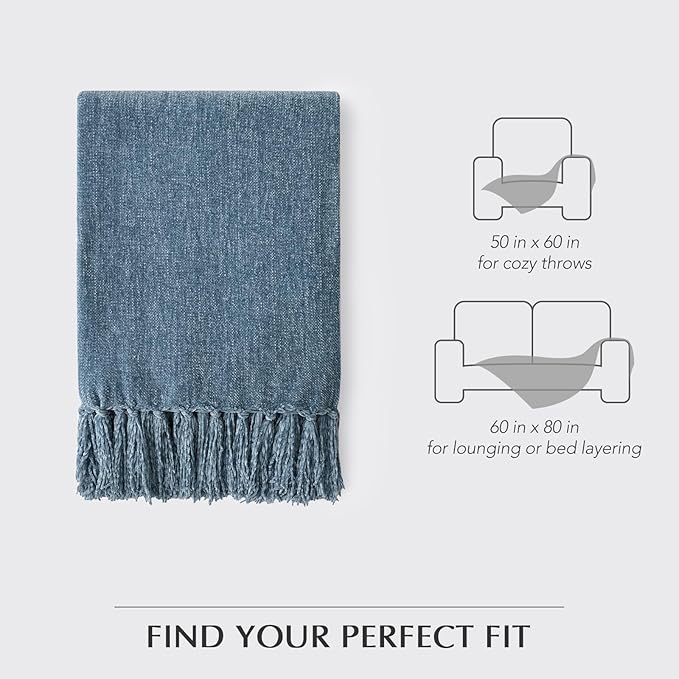 EVERGRACE Soft Chenille Throw Blanket for Couch, Cozy Plush Fuzzy Decorative Chenille Knit Throw Blanket with Tassels, Lightweight Blanket and Throws for Bed Sofa Gift Home Decor, Cloud Blue 60"x80"