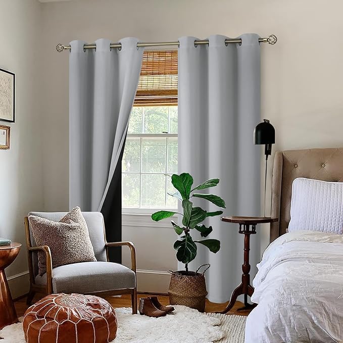 BGment Thermal Insulated 100% Blackout Curtains for Bedroom with Black Liner, Double Layer Full Room Darkening Noise Reducing Grommet Curtain (46 x 90 Inch, Light Grey, 2 Panels)