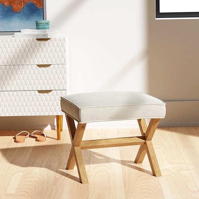 Amazon Basics Small Ottoman Foot Rest, Mid-Century Modern X Square Polyester Foot Stool, Linen, Ivory White, 18"D x 19.8"W x 18.3"H