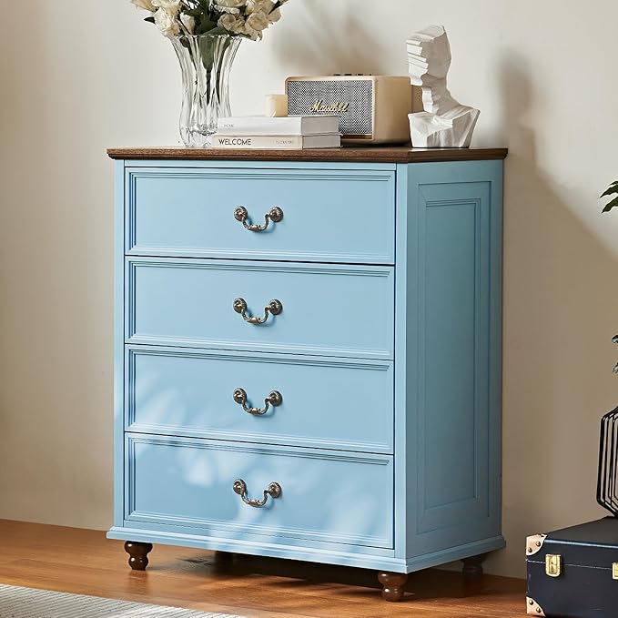 Farmhouse 4 Drawer Dresser for Bedroom, 37" Tall Rustic Chests of Drawers w/ 4 Solid Wood Feet, Mid Century Modern Wooden Closet Storage Dressers Organizer for Living Room, Hallway, LightBlue